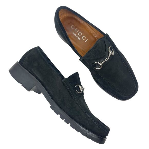 Gucci Horsebit Suede Lug Sole Slip On Loafer Black Men Size 10/ US 11 - Picture 4 of 16